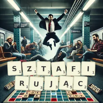 Kreatywna ilustracja do gry w Scrabble ze słowem SZTAFIRUJĄC ułożonym z płytek na planszy.