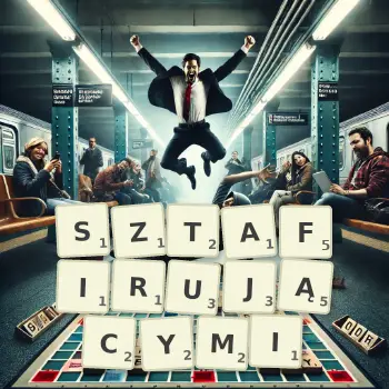 Kreatywna ilustracja do gry w Scrabble ze słowem SZTAFIRUJĄCYMI ułożonym z płytek na planszy.