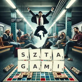 Kreatywna ilustracja do gry w Scrabble ze słowem SZTAGAMI ułożonym z płytek na planszy.