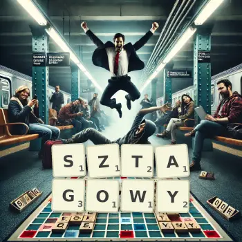 Kreatywna ilustracja do gry w Scrabble ze słowem SZTAGOWY ułożonym z płytek na planszy.