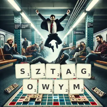 Kreatywna ilustracja do gry w Scrabble ze słowem SZTAGOWYM ułożonym z płytek na planszy.