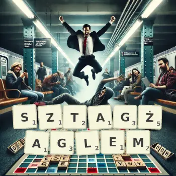 Kreatywna ilustracja do gry w Scrabble ze słowem SZTAGŻAGLEM ułożonym z płytek na planszy.