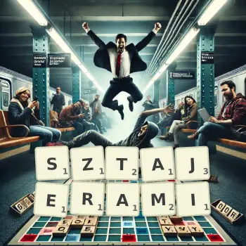 Kreatywna ilustracja do gry w Scrabble ze słowem SZTAJERAMI ułożonym z płytek na planszy.