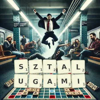Kreatywna ilustracja do gry w Scrabble ze słowem SZTALUGAMI ułożonym z płytek na planszy.