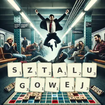 Kreatywna ilustracja do gry w Scrabble ze słowem SZTALUGOWEJ ułożonym z płytek na planszy.