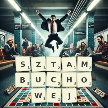 Kreatywna ilustracja do gry w Scrabble ze słowem SZTAMBUCHOWEJ ułożonym z płytek na planszy.