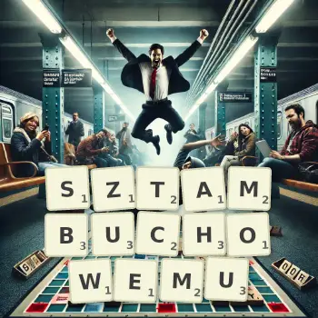 Kreatywna ilustracja do gry w Scrabble ze słowem SZTAMBUCHOWEMU ułożonym z płytek na planszy.