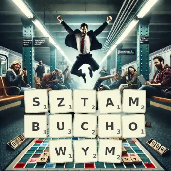 Kreatywna ilustracja do gry w Scrabble ze słowem SZTAMBUCHOWYM ułożonym z płytek na planszy.