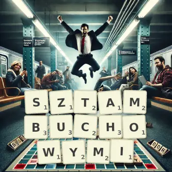 Kreatywna ilustracja do gry w Scrabble ze słowem SZTAMBUCHOWYMI ułożonym z płytek na planszy.