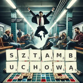 Kreatywna ilustracja do gry w Scrabble ze słowem SZTAMBUCHOWĄ ułożonym z płytek na planszy.