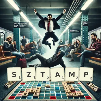 Kreatywna ilustracja do gry w Scrabble ze słowem SZTAMP ułożonym z płytek na planszy.