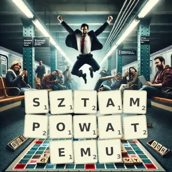 Kreatywna ilustracja do gry w Scrabble ze słowem SZTAMPOWATEMU ułożonym z płytek na planszy.