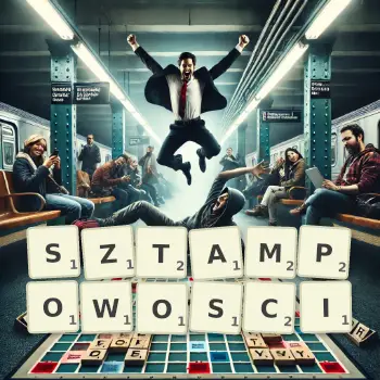 Kreatywna ilustracja do gry w Scrabble ze słowem SZTAMPOWOSCI ułożonym z płytek na planszy.