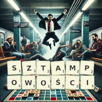 Kreatywna ilustracja do gry w Scrabble ze słowem SZTAMPOWOŚCI ułożonym z płytek na planszy.