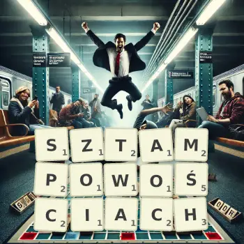 Kreatywna ilustracja do gry w Scrabble ze słowem SZTAMPOWOŚCIACH ułożonym z płytek na planszy.