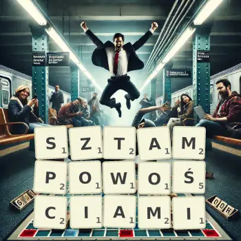 Kreatywna ilustracja do gry w Scrabble ze słowem SZTAMPOWOŚCIAMI ułożonym z płytek na planszy.