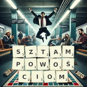 Kreatywna ilustracja do gry w Scrabble ze słowem SZTAMPOWOŚCIOM ułożonym z płytek na planszy.