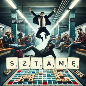 Kreatywna ilustracja do gry w Scrabble ze słowem SZTAMĘ ułożonym z płytek na planszy.