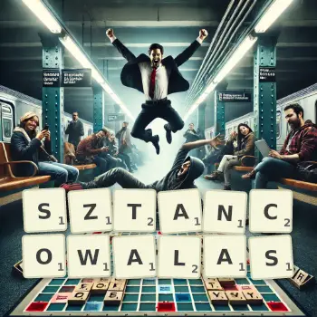 Kreatywna ilustracja do gry w Scrabble ze słowem SZTANCOWALAS ułożonym z płytek na planszy.
