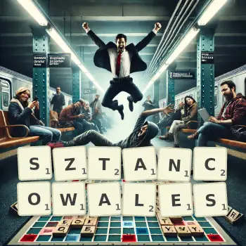 Kreatywna ilustracja do gry w Scrabble ze słowem SZTANCOWALES ułożonym z płytek na planszy.