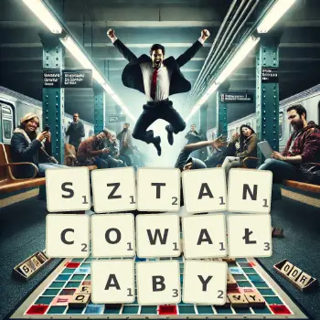 Kreatywna ilustracja do gry w Scrabble ze słowem SZTANCOWAŁABY ułożonym z płytek na planszy.