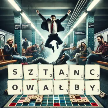 Kreatywna ilustracja do gry w Scrabble ze słowem SZTANCOWAŁBY ułożonym z płytek na planszy.