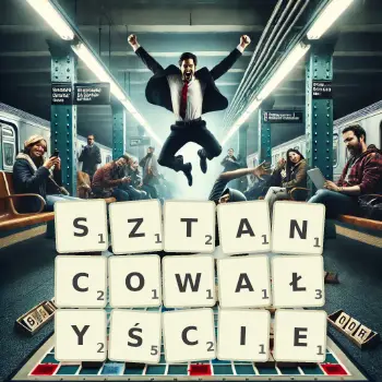 Kreatywna ilustracja do gry w Scrabble ze słowem SZTANCOWAŁYŚCIE ułożonym z płytek na planszy.