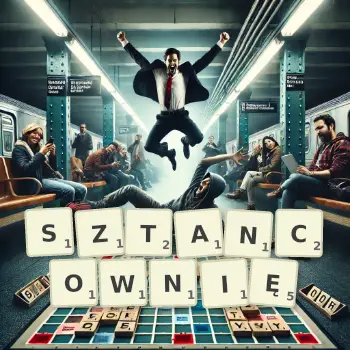 Kreatywna ilustracja do gry w Scrabble ze słowem SZTANCOWNIĘ ułożonym z płytek na planszy.
