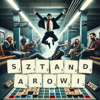 Kreatywna ilustracja do gry w Scrabble ze słowem SZTANDAROWI ułożonym z płytek na planszy.