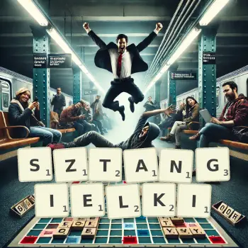 Kreatywna ilustracja do gry w Scrabble ze słowem SZTANGIELKI ułożonym z płytek na planszy.