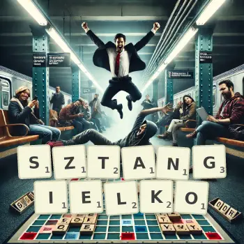 Kreatywna ilustracja do gry w Scrabble ze słowem SZTANGIELKO ułożonym z płytek na planszy.