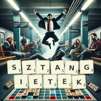 Kreatywna ilustracja do gry w Scrabble ze słowem SZTANGIETEK ułożonym z płytek na planszy.
