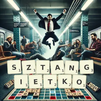 Kreatywna ilustracja do gry w Scrabble ze słowem SZTANGIETKO ułożonym z płytek na planszy.