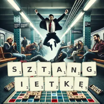Kreatywna ilustracja do gry w Scrabble ze słowem SZTANGIETKĘ ułożonym z płytek na planszy.