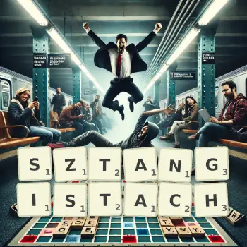 Kreatywna ilustracja do gry w Scrabble ze słowem SZTANGISTACH ułożonym z płytek na planszy.