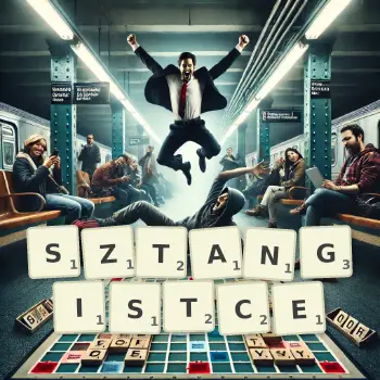 Kreatywna ilustracja do gry w Scrabble ze słowem SZTANGISTCE ułożonym z płytek na planszy.