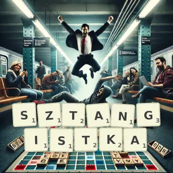 Kreatywna ilustracja do gry w Scrabble ze słowem SZTANGISTKA ułożonym z płytek na planszy.