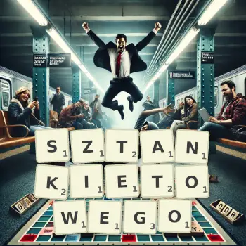 Kreatywna ilustracja do gry w Scrabble ze słowem SZTANKIETOWEGO ułożonym z płytek na planszy.