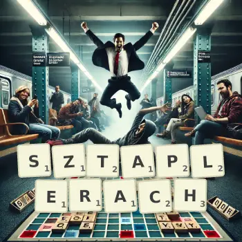 Kreatywna ilustracja do gry w Scrabble ze słowem SZTAPLERACH ułożonym z płytek na planszy.