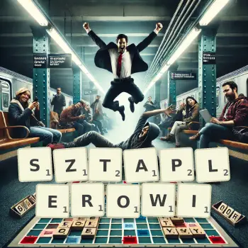 Kreatywna ilustracja do gry w Scrabble ze słowem SZTAPLEROWI ułożonym z płytek na planszy.
