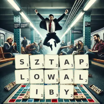 Kreatywna ilustracja do gry w Scrabble ze słowem SZTAPLOWALIBY ułożonym z płytek na planszy.