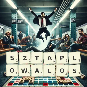Kreatywna ilustracja do gry w Scrabble ze słowem SZTAPLOWALOS ułożonym z płytek na planszy.