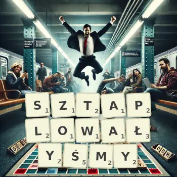 Kreatywna ilustracja do gry w Scrabble ze słowem SZTAPLOWAŁYŚMY ułożonym z płytek na planszy.