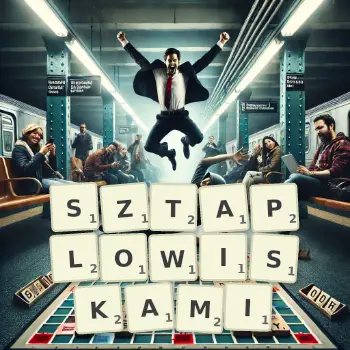 Kreatywna ilustracja do gry w Scrabble ze słowem SZTAPLOWISKAMI ułożonym z płytek na planszy.