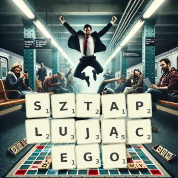 Kreatywna ilustracja do gry w Scrabble ze słowem SZTAPLUJĄCEGO ułożonym z płytek na planszy.