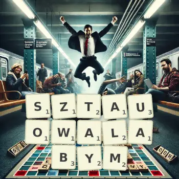 Kreatywna ilustracja do gry w Scrabble ze słowem SZTAUOWALABYM ułożonym z płytek na planszy.