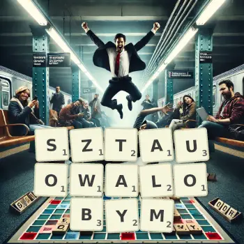 Kreatywna ilustracja do gry w Scrabble ze słowem SZTAUOWALOBYM ułożonym z płytek na planszy.