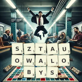Kreatywna ilustracja do gry w Scrabble ze słowem SZTAUOWALOBYS ułożonym z płytek na planszy.