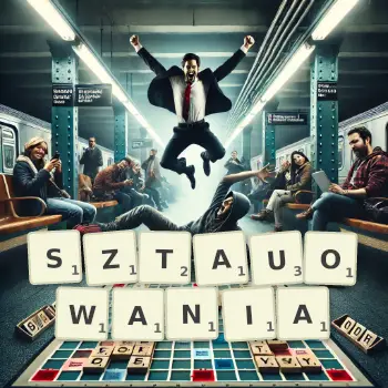 Kreatywna ilustracja do gry w Scrabble ze słowem SZTAUOWANIA ułożonym z płytek na planszy.