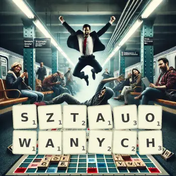 Kreatywna ilustracja do gry w Scrabble ze słowem SZTAUOWANYCH ułożonym z płytek na planszy.
